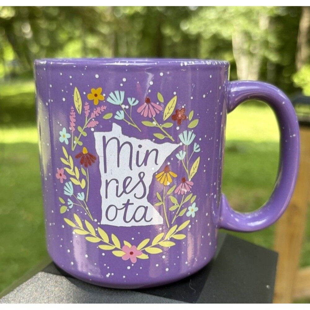Caribou Coffee Mug Minnesota North Logo Purple Flowers 14oz 2018
